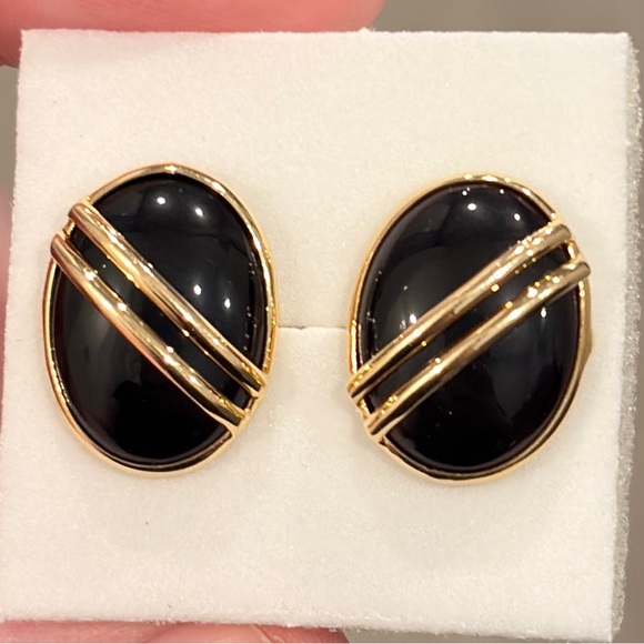 Jewelry - Vintage 14K Onyx Earrings, 1980s Style, Striped Gold Black, Oval Luxury Studs